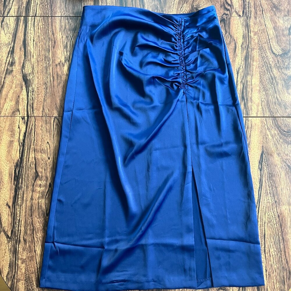 NWT Banana Republic Navy Blue Satin Ruched Midi Skirt with Slit Size 8